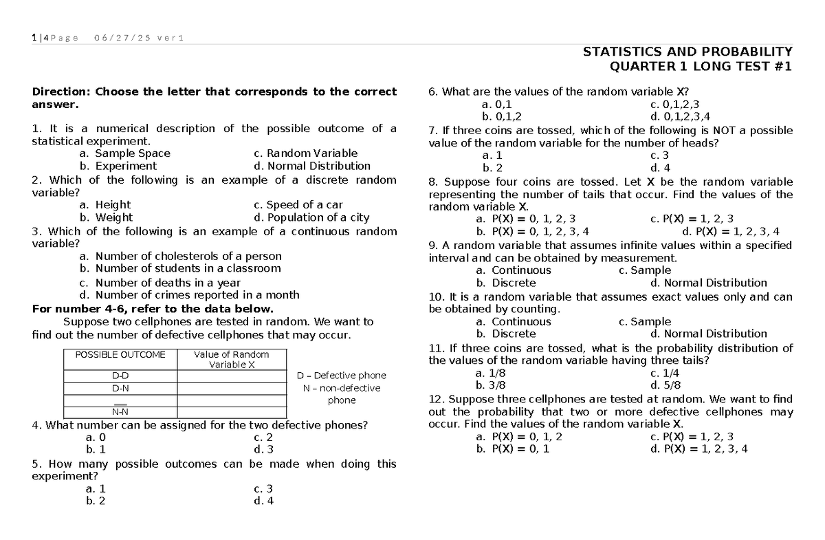 STATISTICS AND PROBABILITY Q1 LONG TEST WW1-NEW-Q1 - Studocu