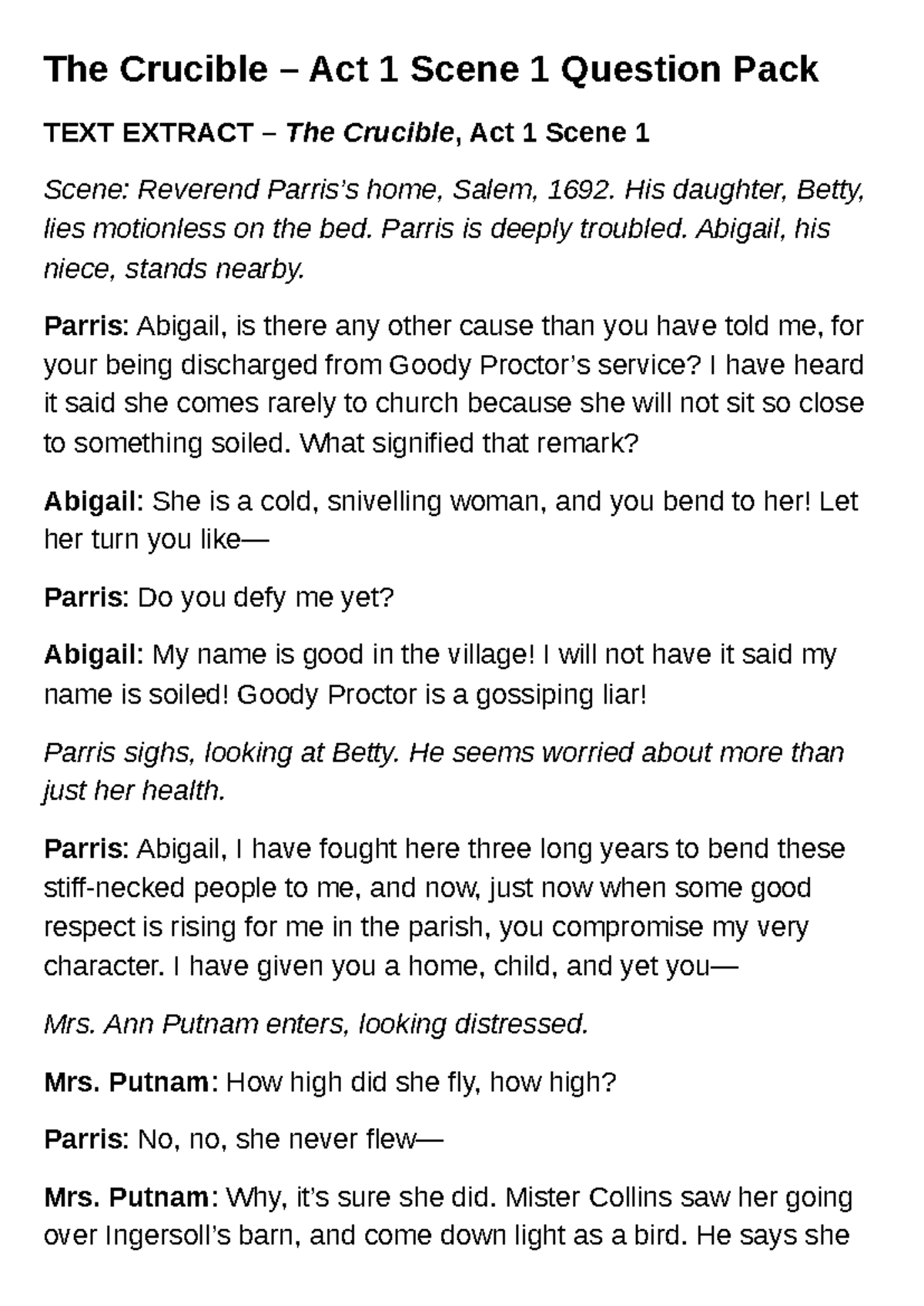 The Crucible (ENG 101) - Act 1 Scene 1 Q&A Guide - Studocu