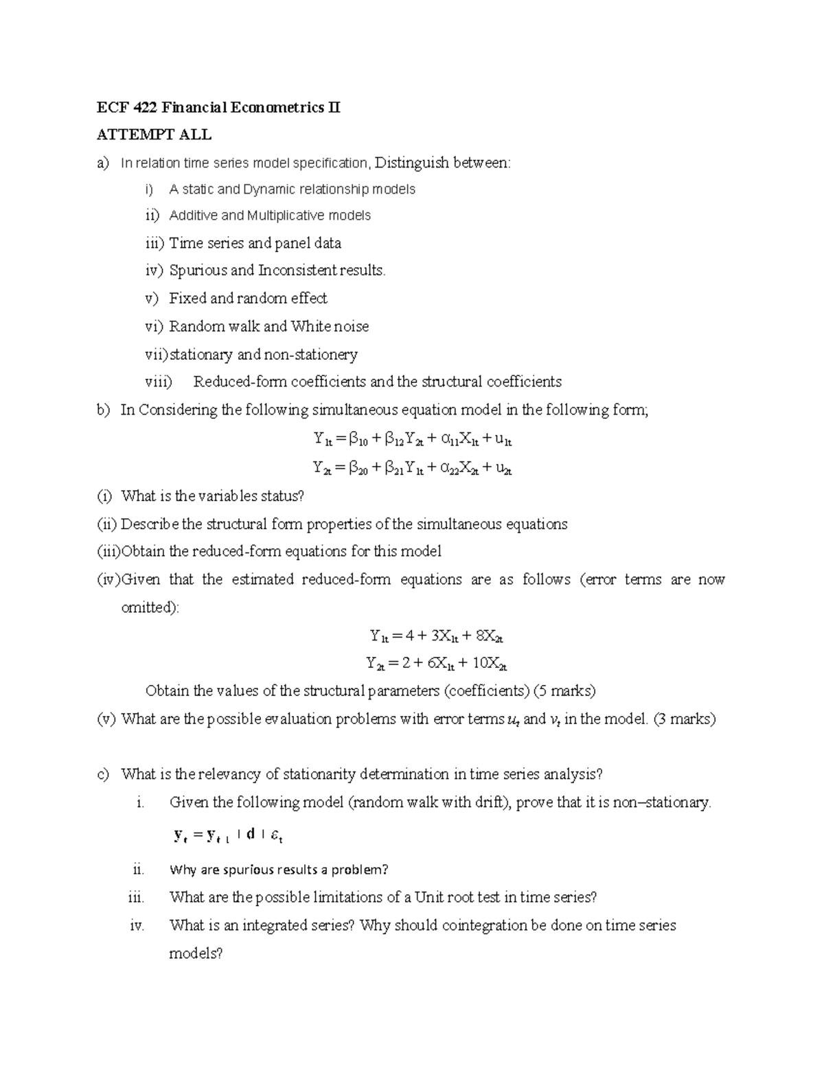ECF 422 Financial Econometrics II (Assignment Notes on Time Series ...