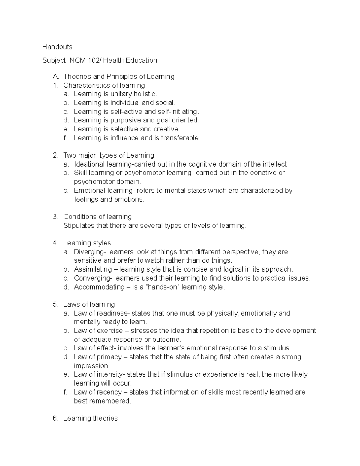 NCM 102 Lecture Summary: Theories and Principles of Learning - Studocu