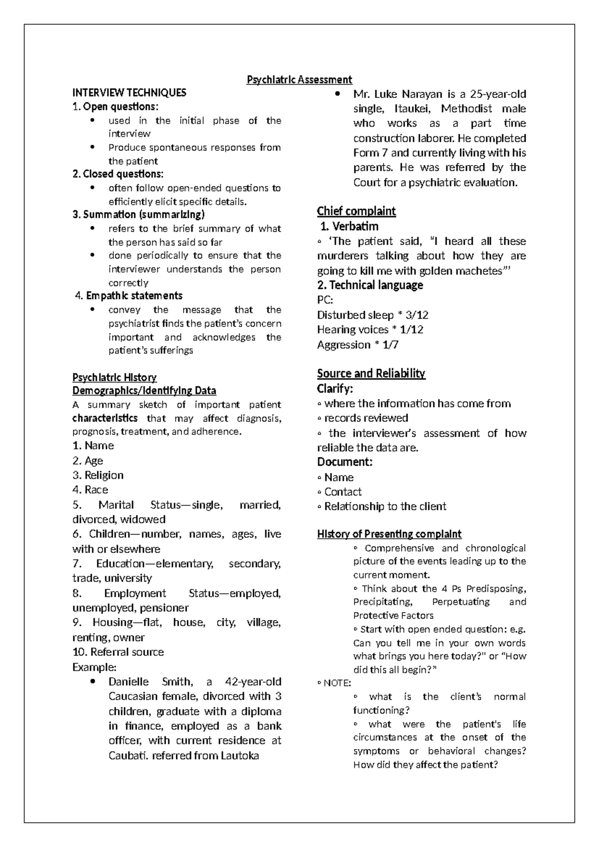 Psychiatric Assessment Techniques and Patient History Analysis - Studocu