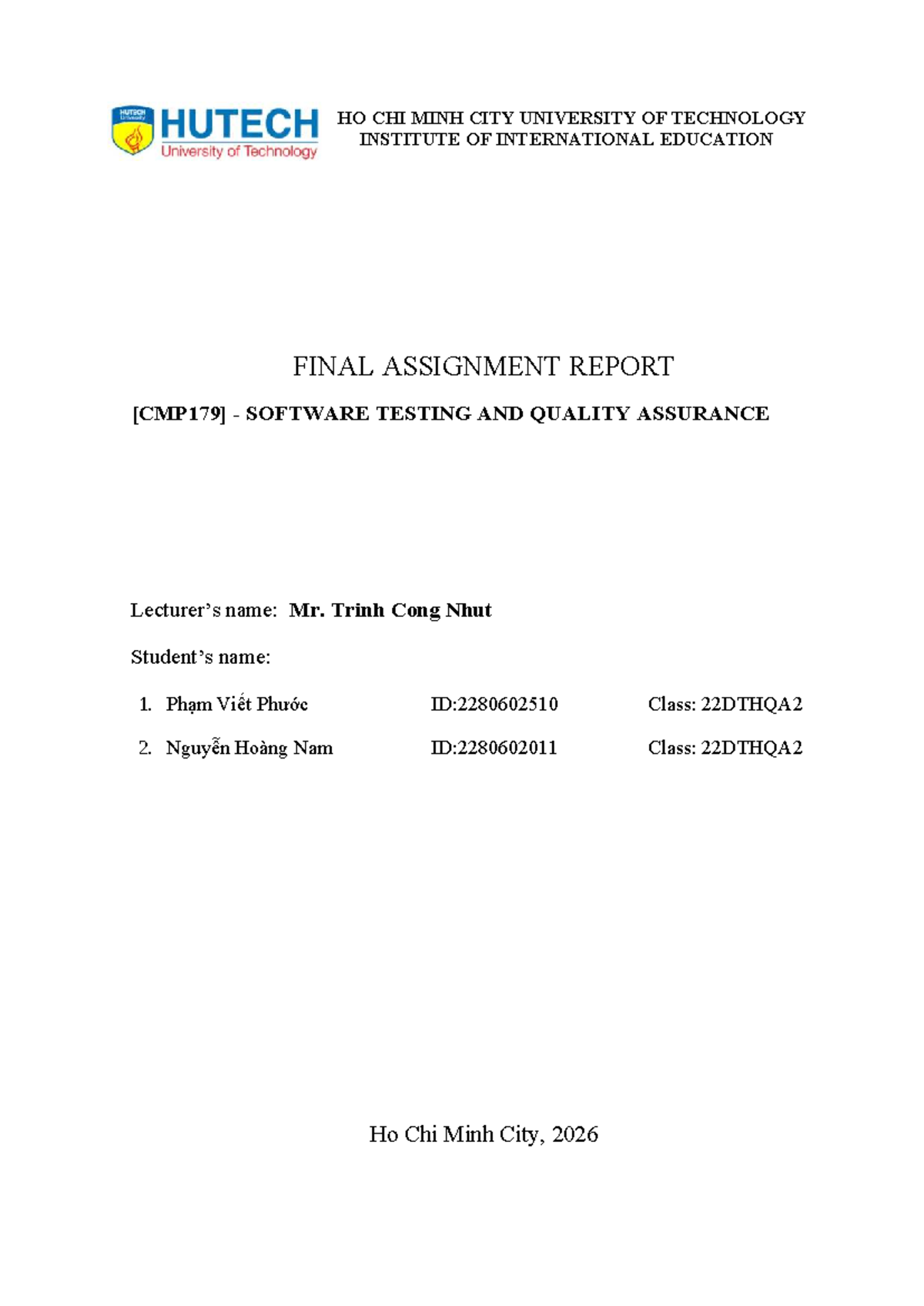 Final Assignment Report: Software Testing & QA (22DTHQA2) - Studocu