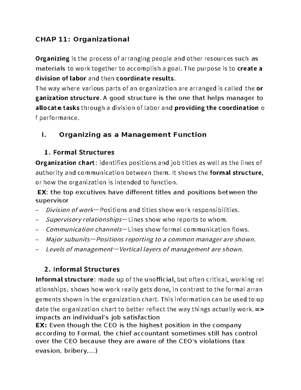 Chapter 11 summary - CHAP 11: Organizational Organizing is the process ...