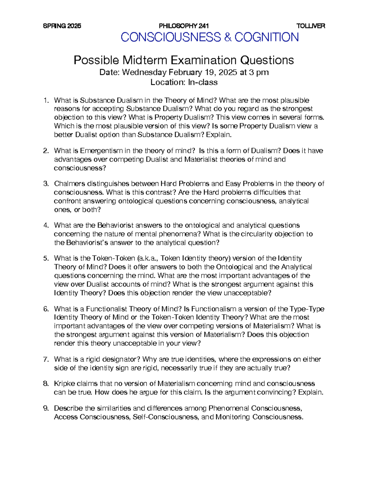 PHIL 241: Midterm Exam I Questions on Consciousness & Cognition - Studocu