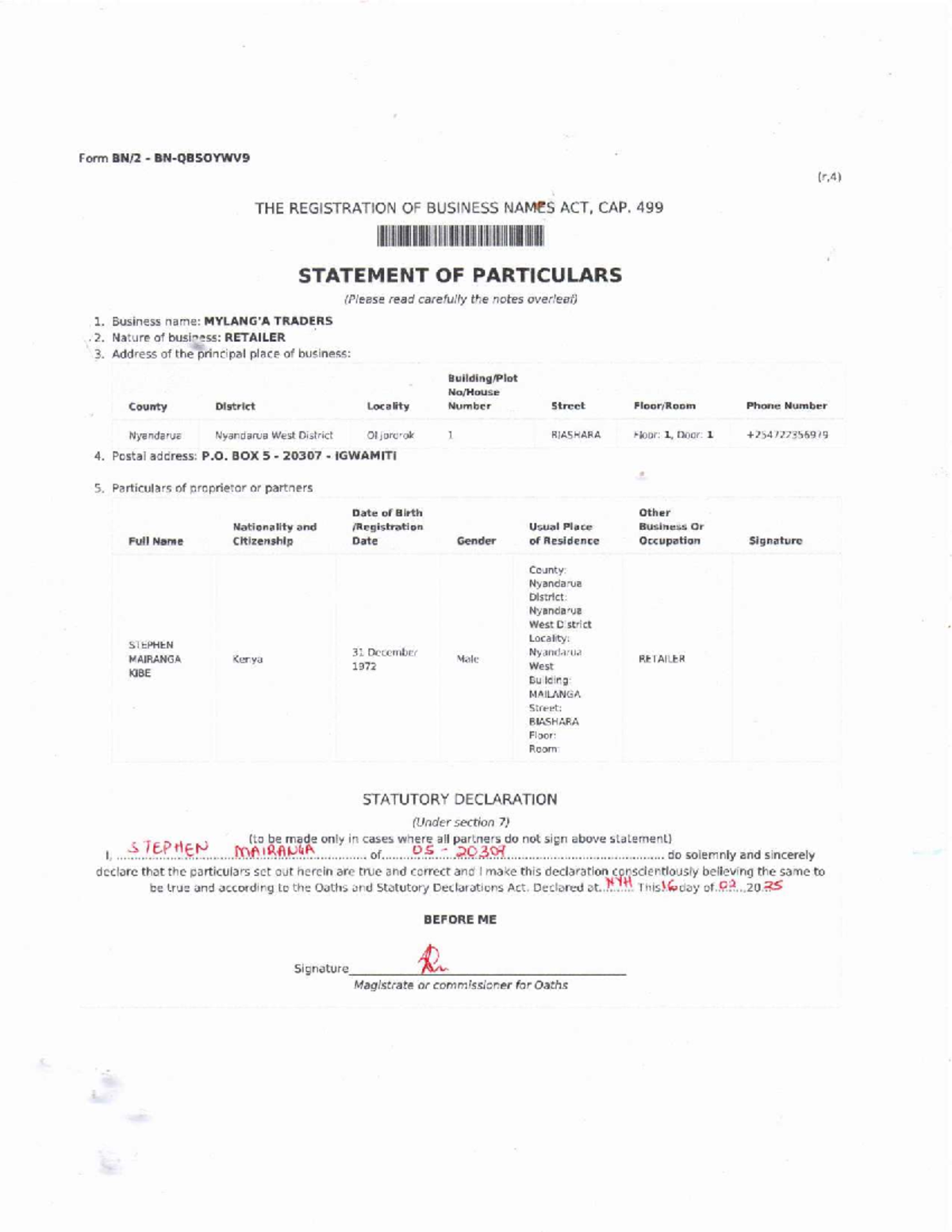 Business Registration Statement - Traders (CAP. 499) - Studocu