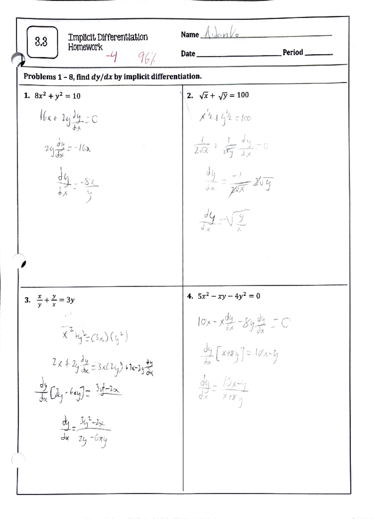 Math 3.3 HW on Implicit Differentiation Problems - Studocu