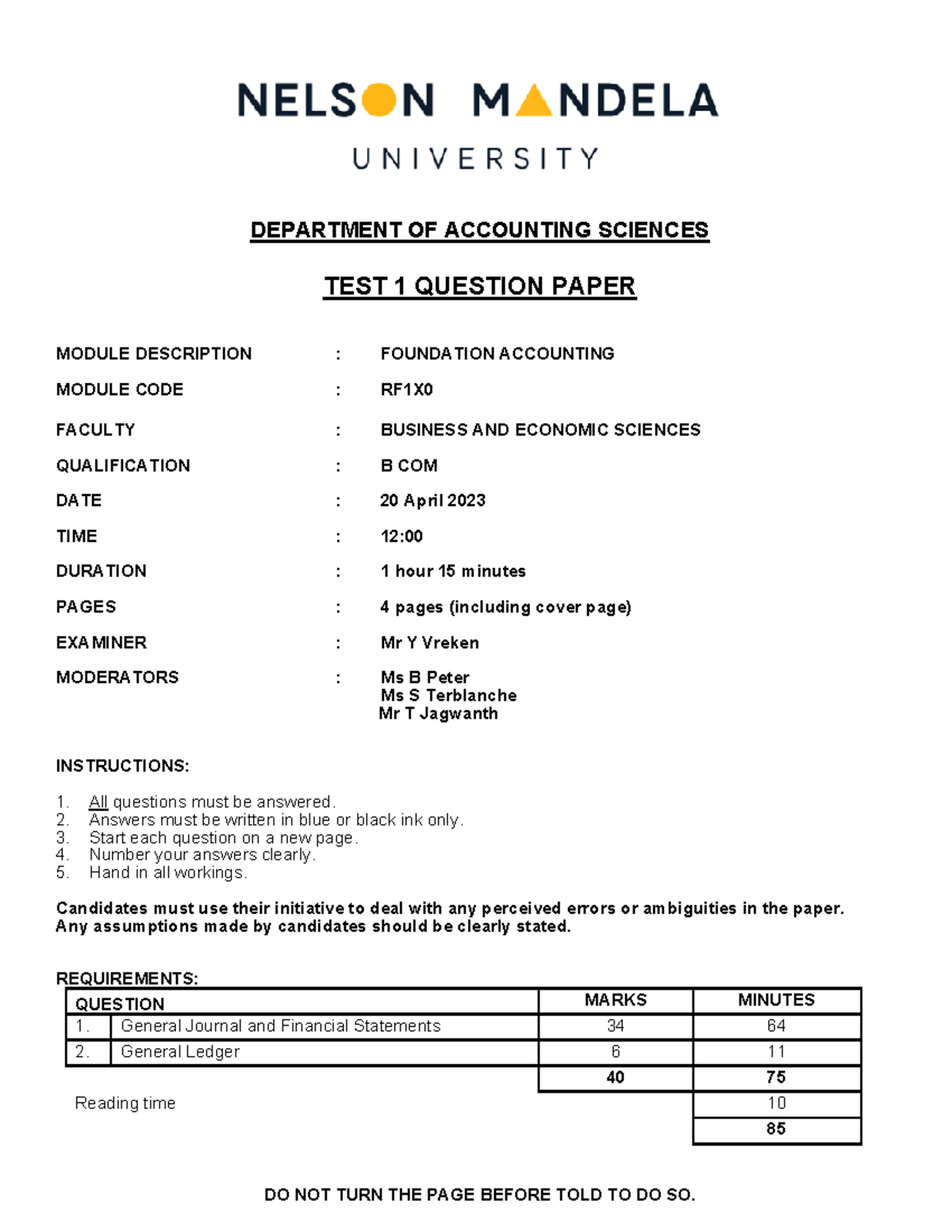 RF1X: Test 1 2023 Accounting Questions and Memo - Studocu