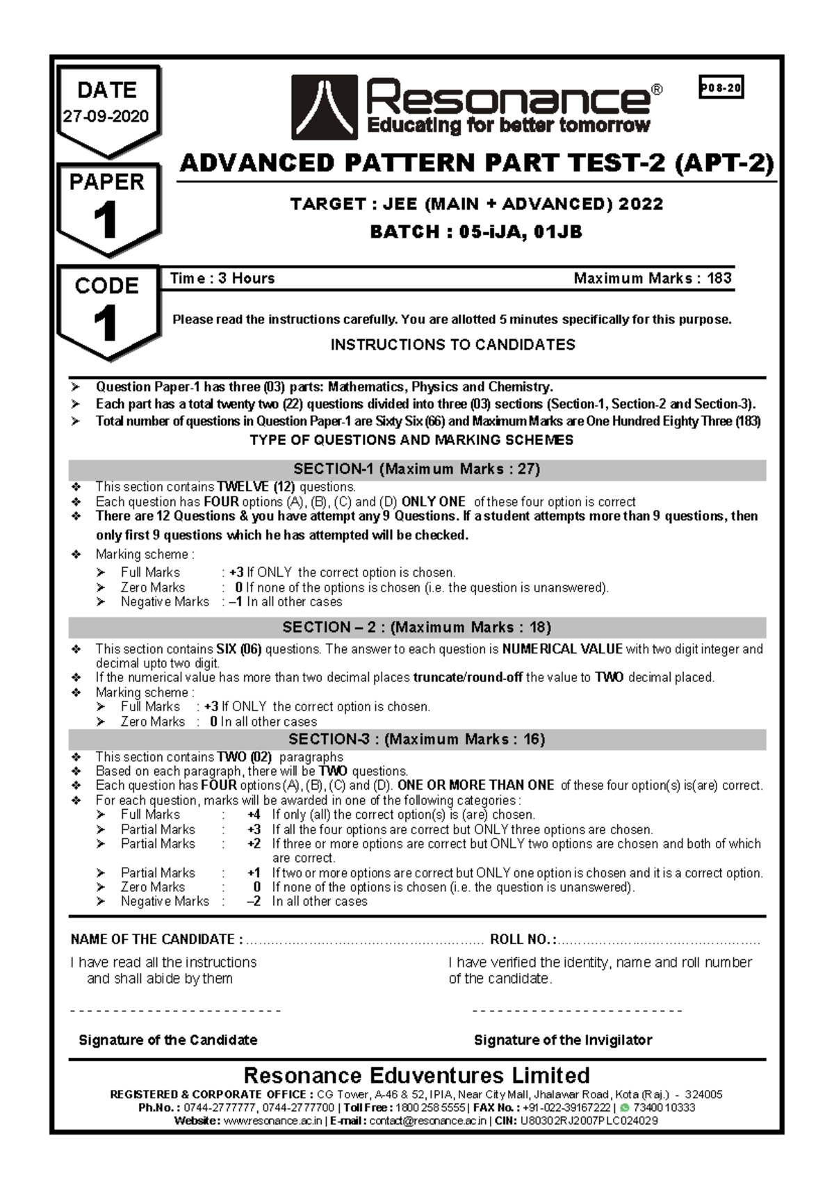 JEE (MAIN ADVANCED) 2022 1: Advanced Pattern Test Paper - Studocu