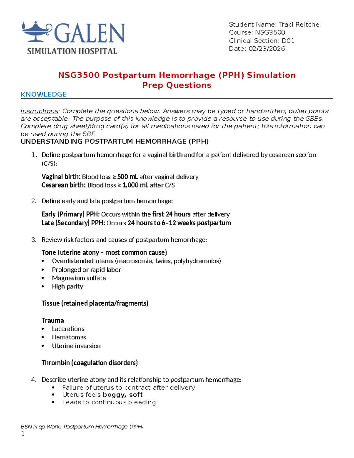 NSG3500 Prep Work: Postpartum Hemorrhage (PPH) Simulation Questions ...