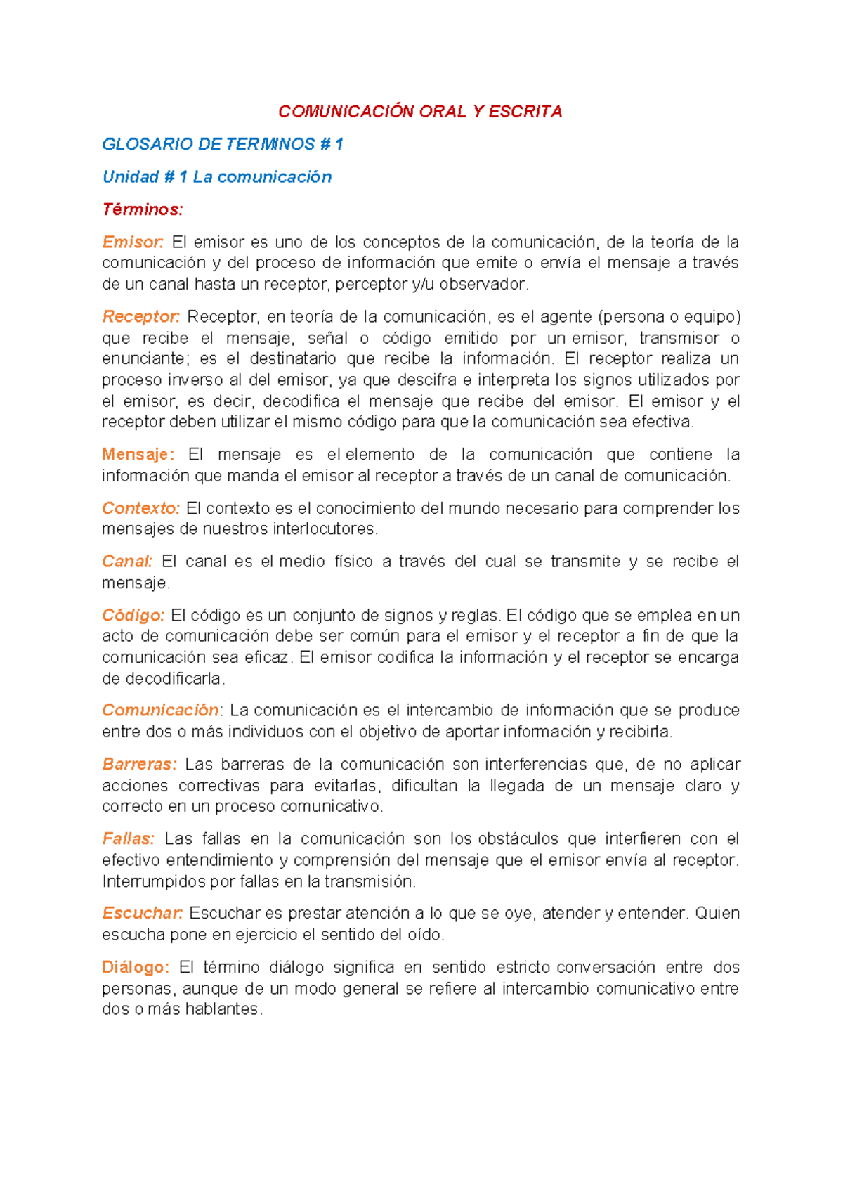 Glosario de Términos en Comunicación Oral y Escrita #1 COEC - Studocu