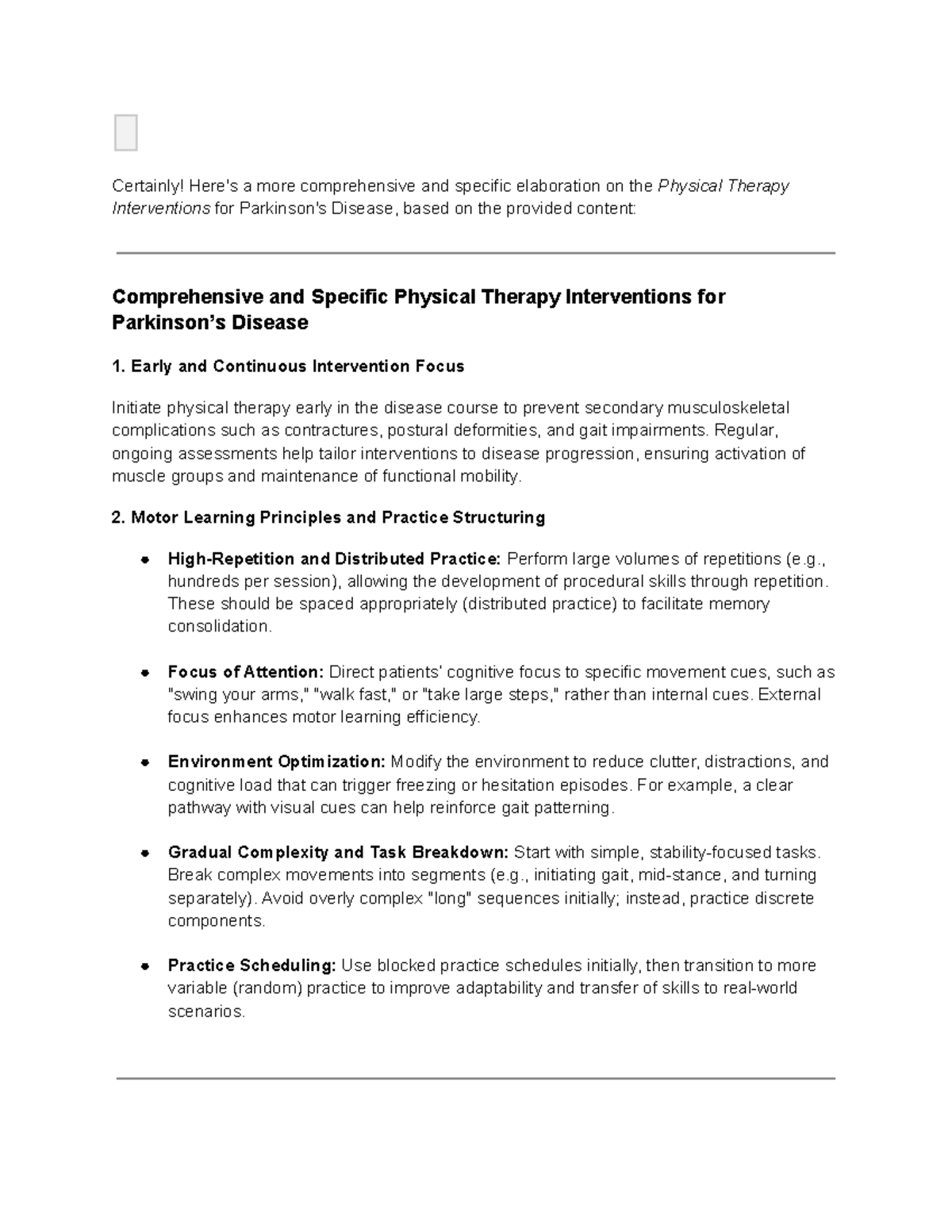 Comprehensive Physical Therapy Interventions for PD: A Unified Protocol ...