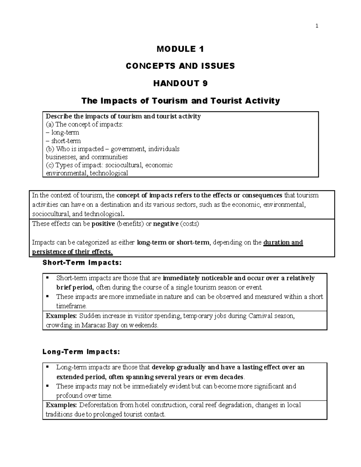 UNIT 1 - Module 1: Impacts of Tourism and Tourist Activity Handout 9 ...