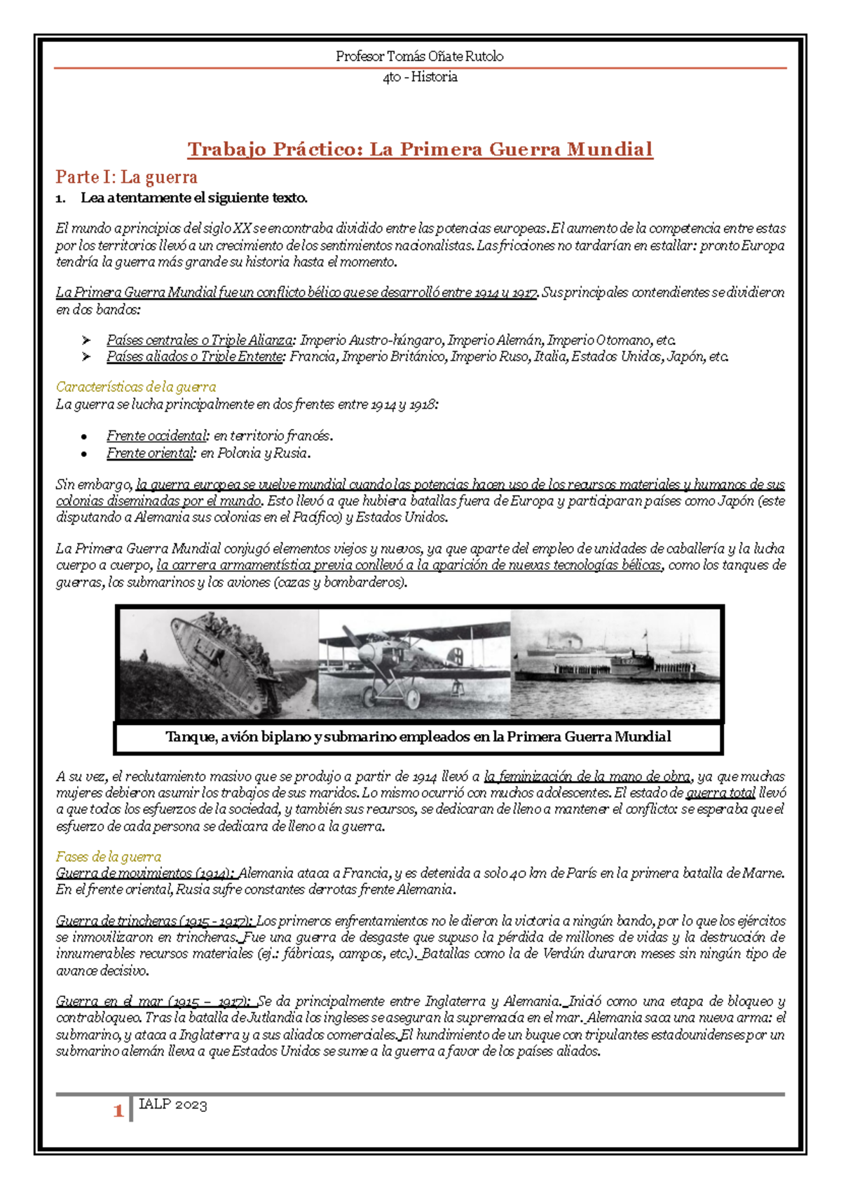 Trabajo Práctico 4to - Historia: Análisis de La Primera Guerra Mundial - Document Preview