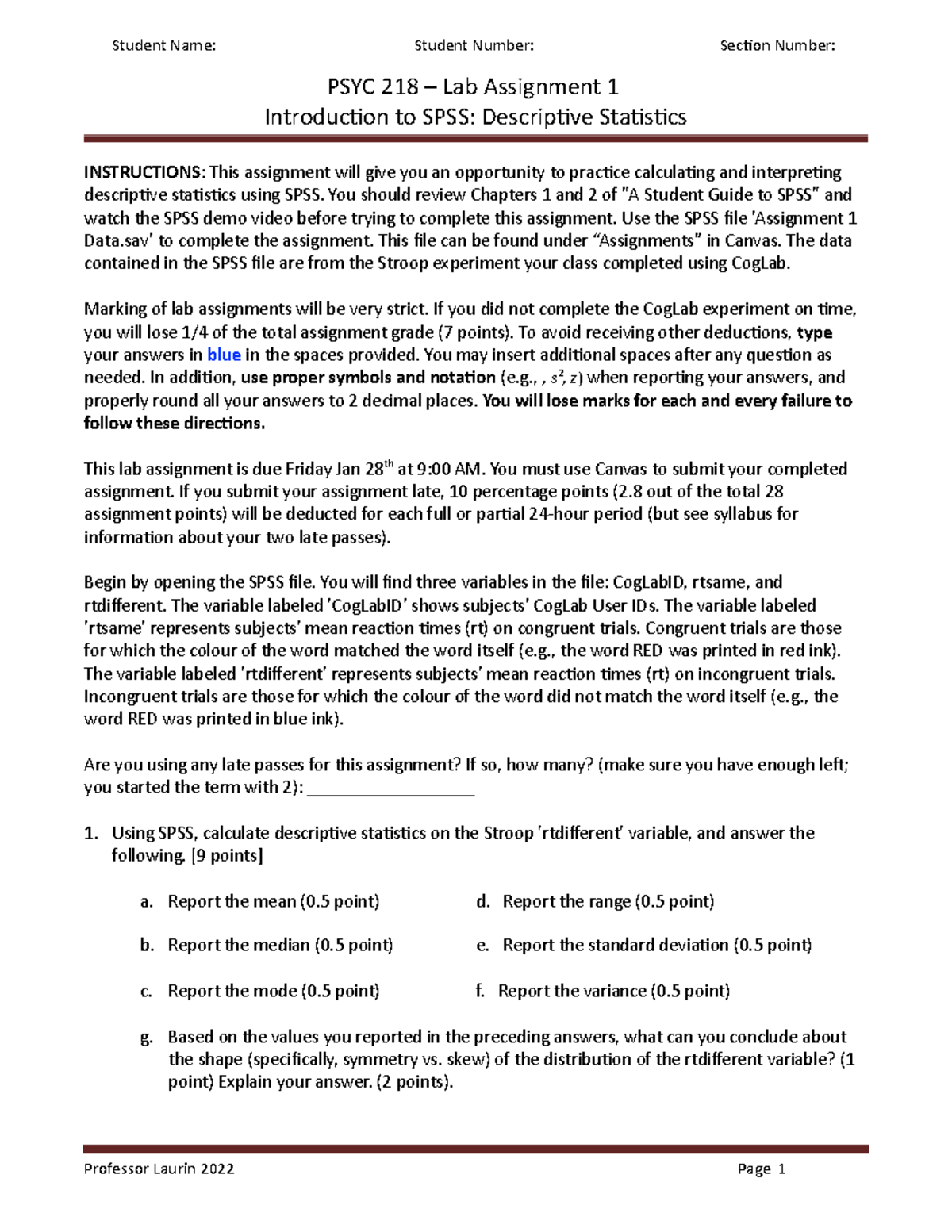 Lab Assignment 1: Descriptive Stats in SPSS for PSYC 218 - Studocu