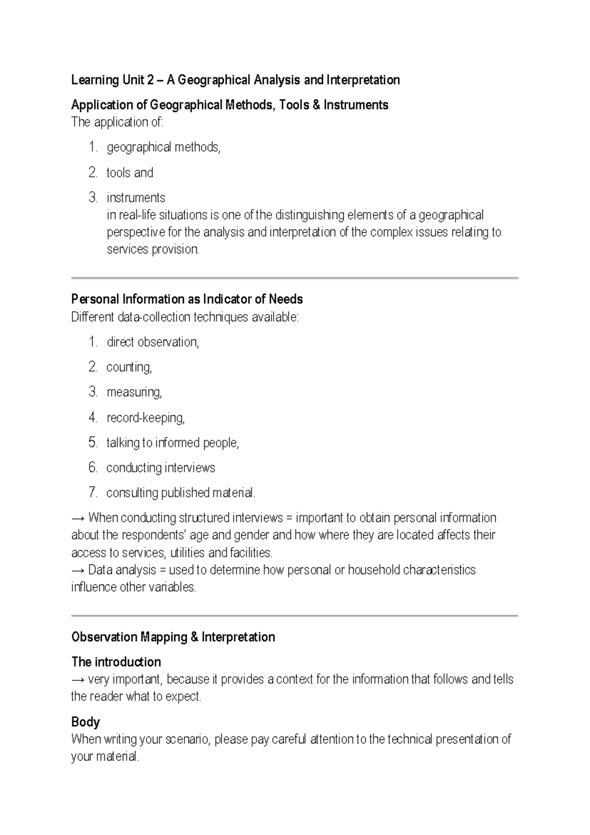 Learning Unit 2 - Geographical Methods & Analysis Notes - Studocu