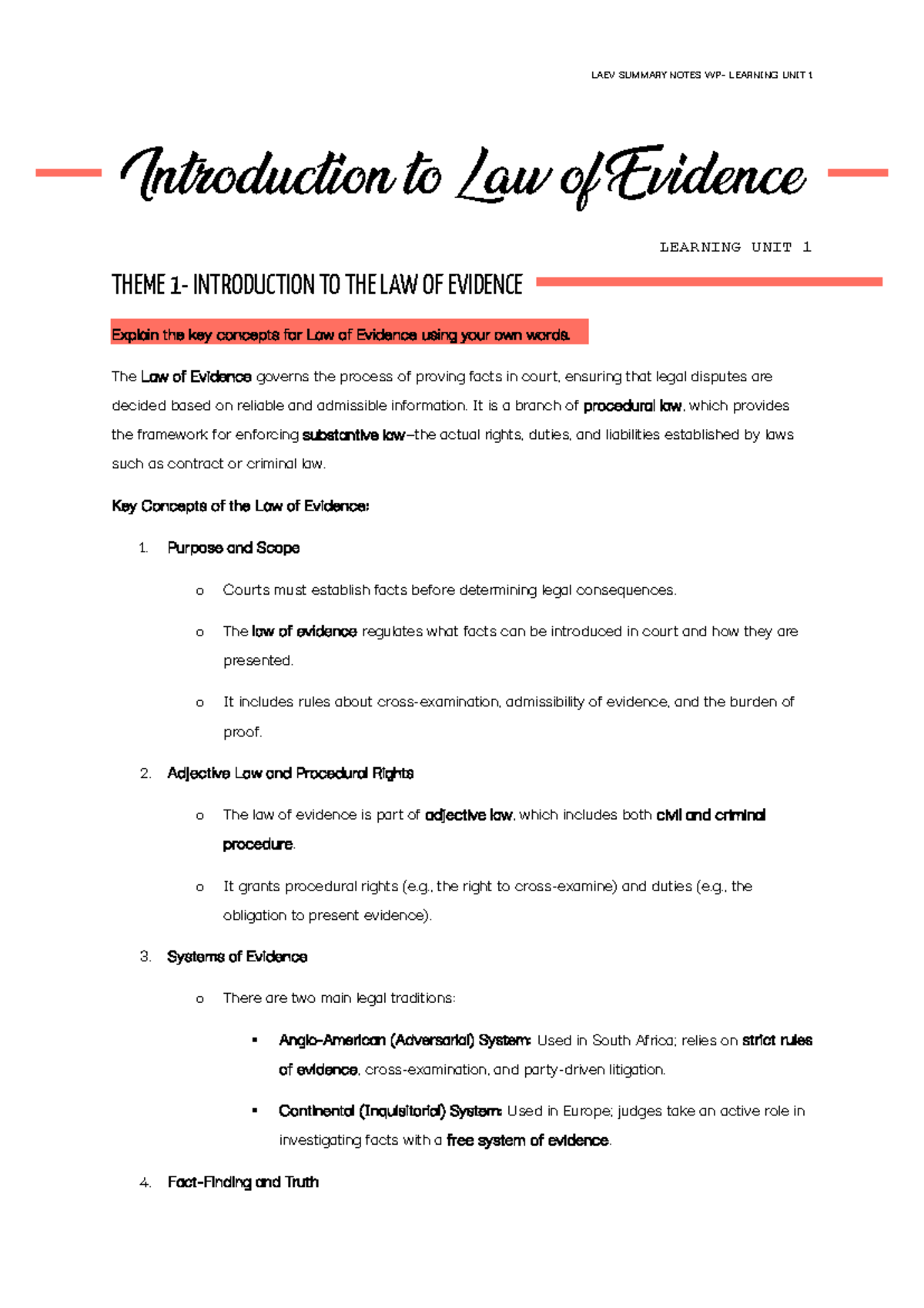 LAEV LU1 Summary Notes: Key Concepts in Law of Evidence - Studocu