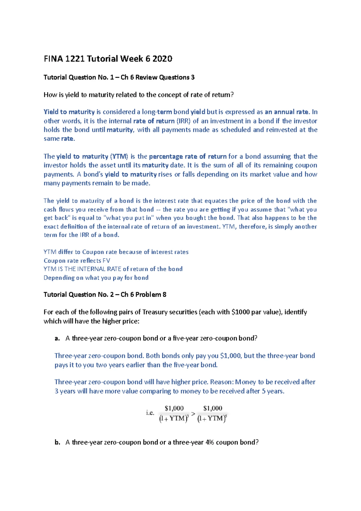 FINA1221 - Corporate Finance Tutorial 1 Questions - Week Two - Studocu