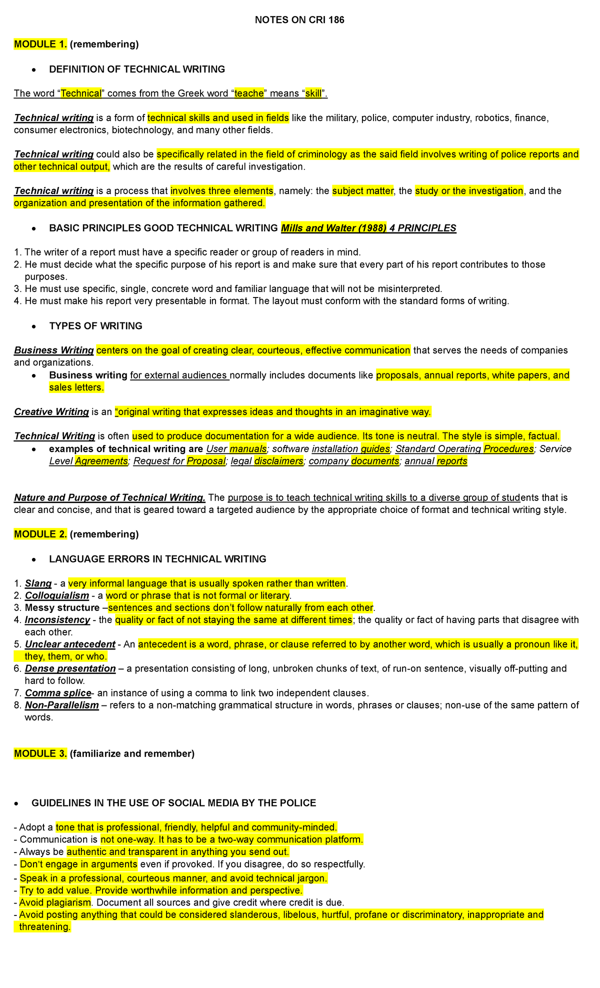 Notes on CRI 186 - Technical Writing Principles and Guidelines - Studocu