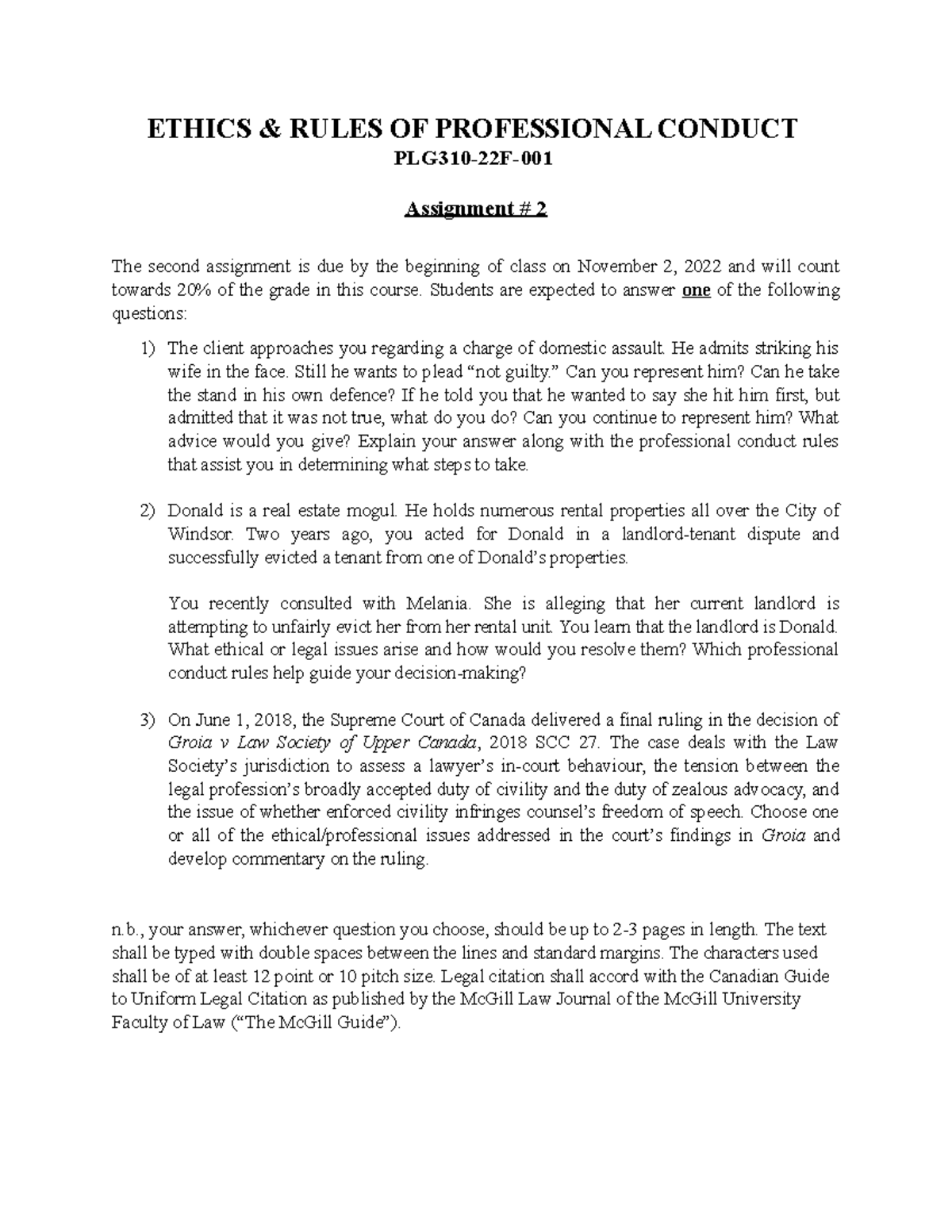 PLG310-22F: Ethics & Professional Conduct - Assignment #2 Details - Studocu