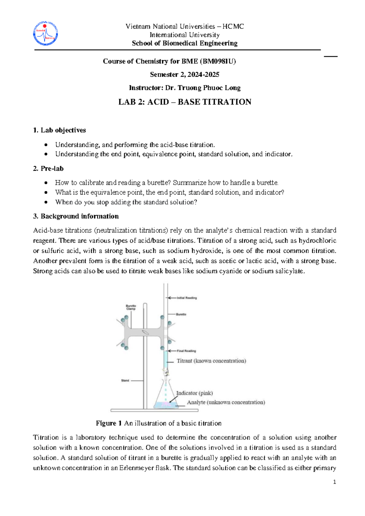 Lab 2: Acid-Base Titration in Chemistry for BME (BM098IU) Manual - Studocu