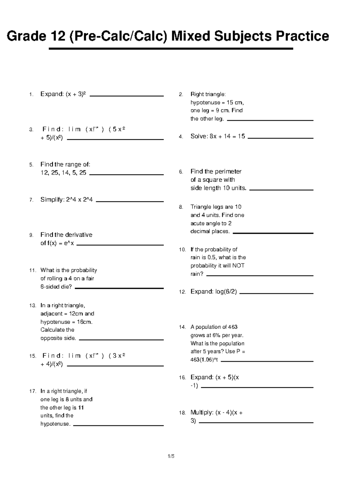 Grade 12 Calc Mixed Subjects Practice 9: Problem Set and Solutions ...