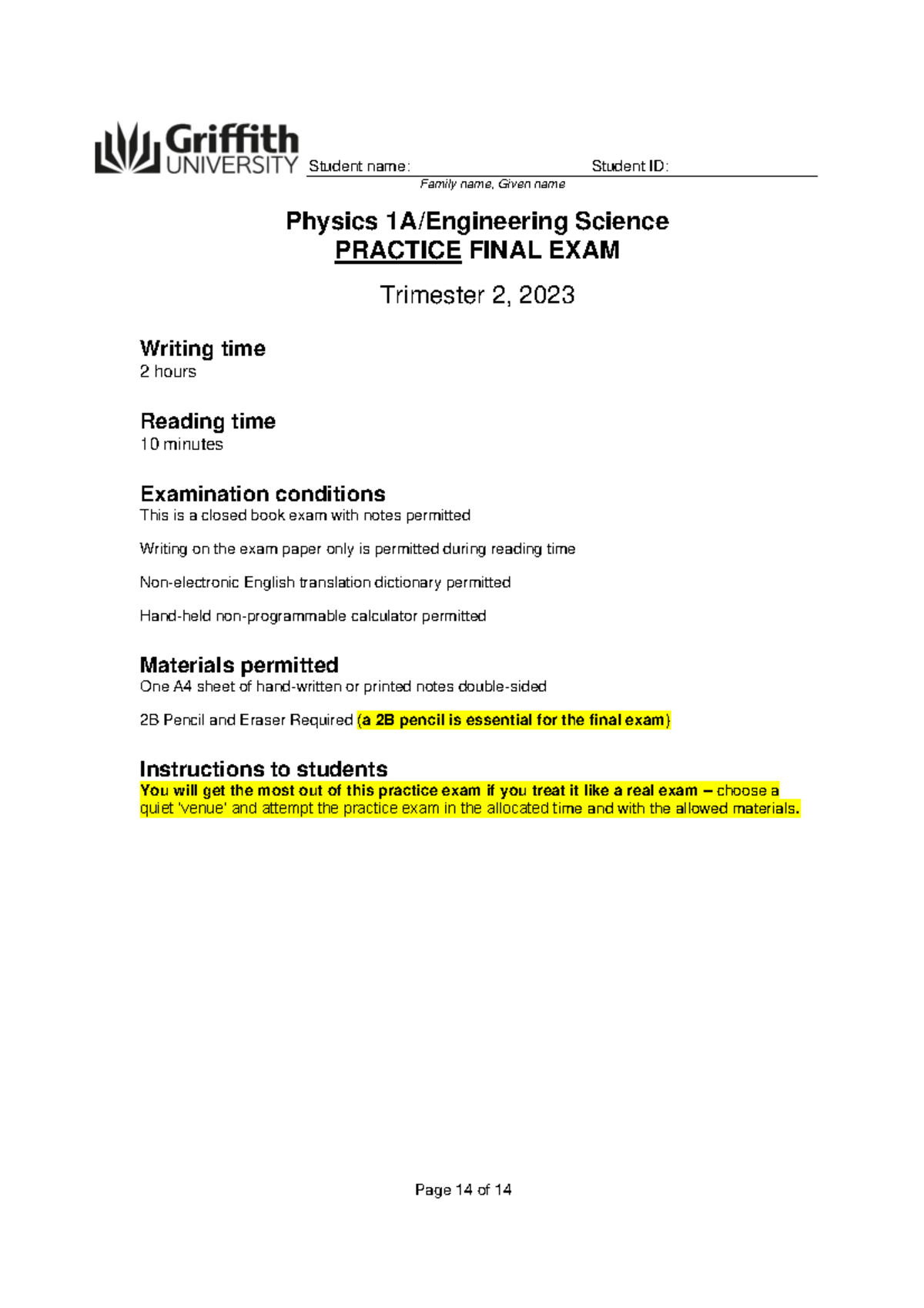 2023 T2 Physics 1A Practice Final Exam Guide - Studocu