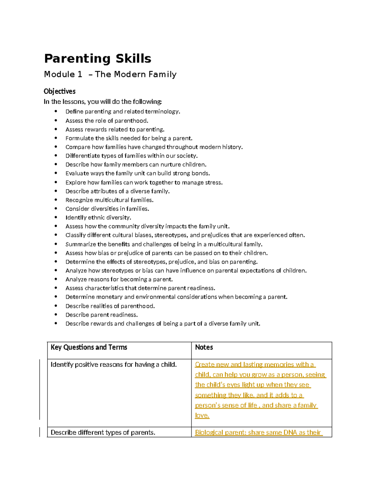 Guided Notes for Parenting Skills: Module 1 - The Modern Family - Studocu