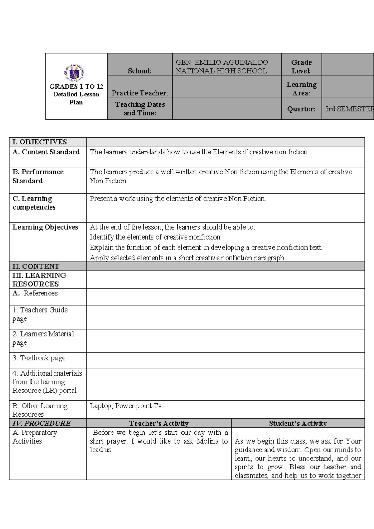 Detailed Lesson Plan on Creative Nonfiction for Grade 12 - 3rd Quarter ...