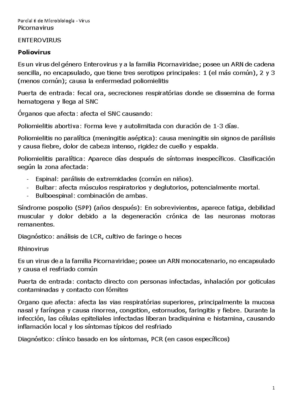 Resumen Parcial 6 de Microbiología: Virus Picornavirus y Otros - Document Preview