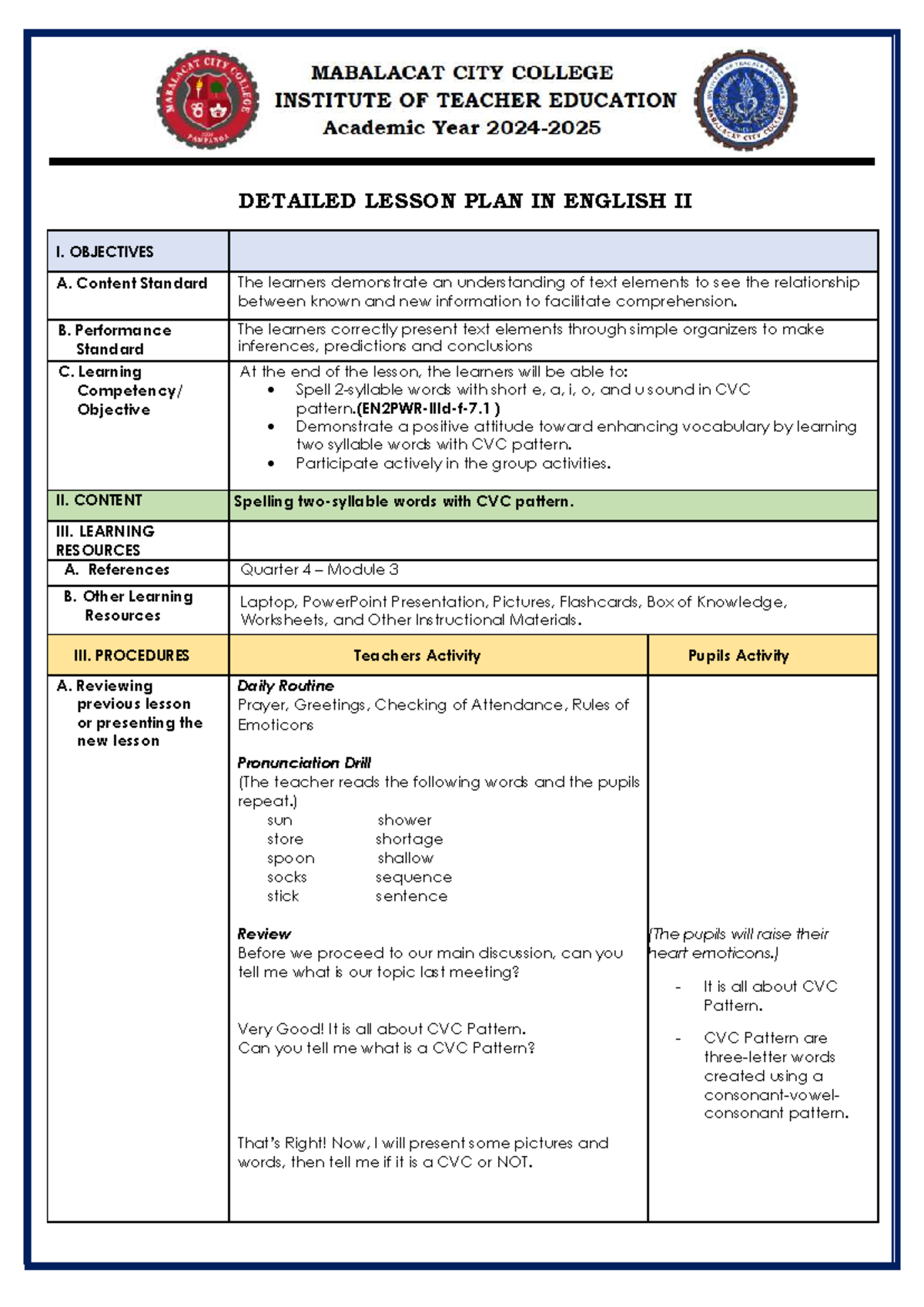Final Demo Lesson Plan: CVC Pattern in English II - Studocu