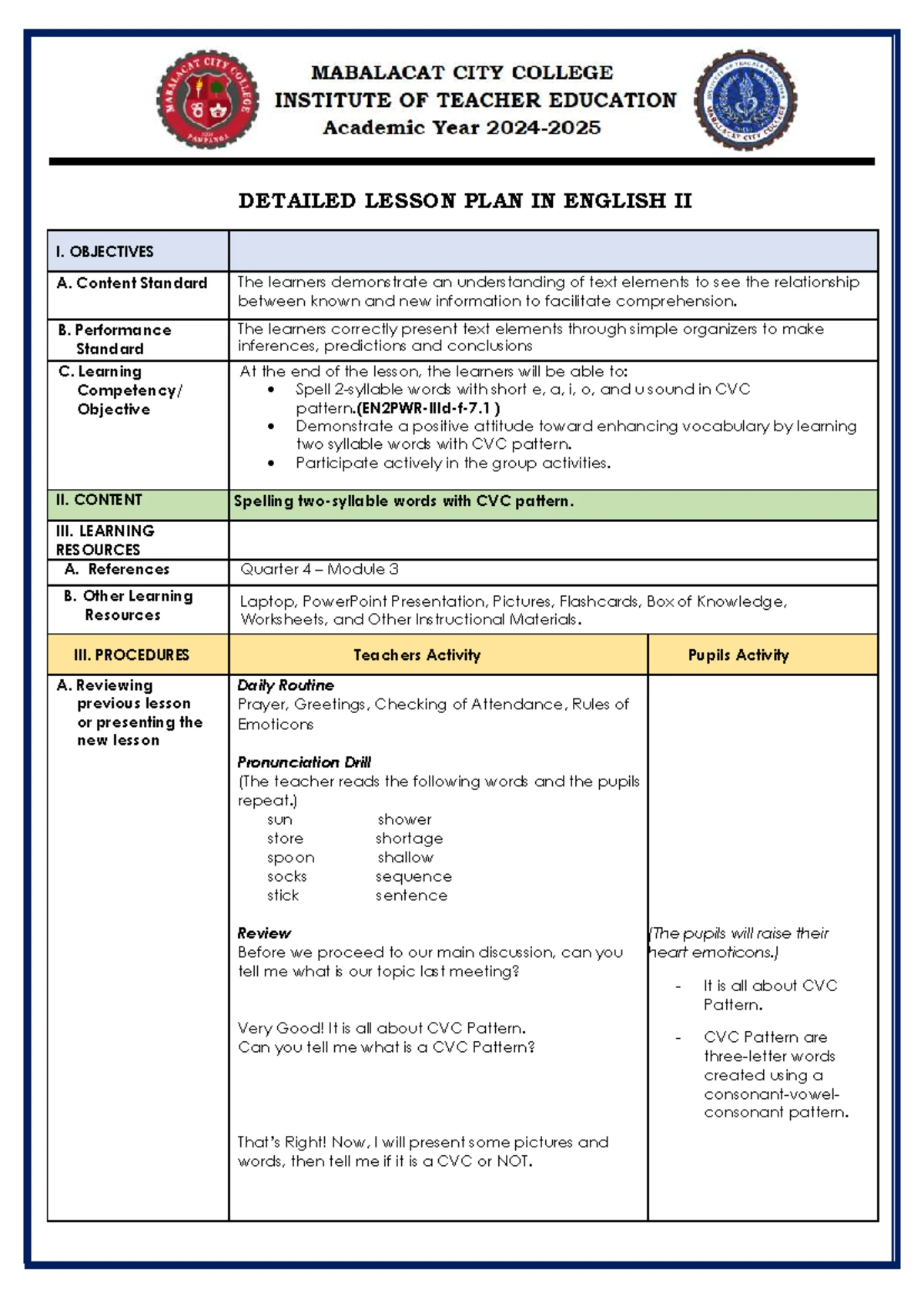Final Demo Lesson Plan for English II: CVC Pattern Focus - Studocu