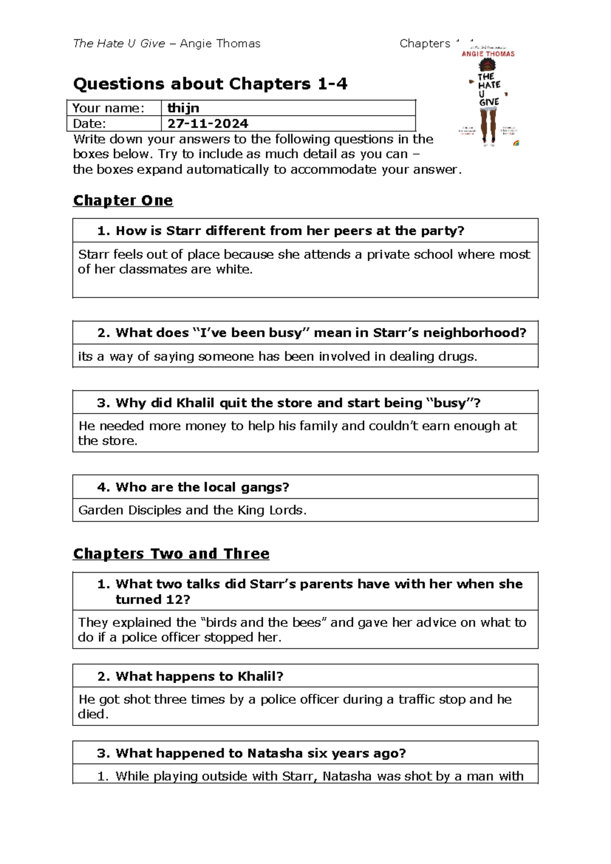 THUG Chapter Questions: Insights on Chapters 1-4 - Studeersnel