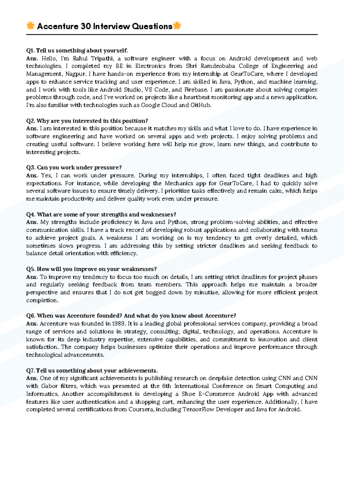 Accenture top 45 Interview Questions - Q1. Tell us something about ...