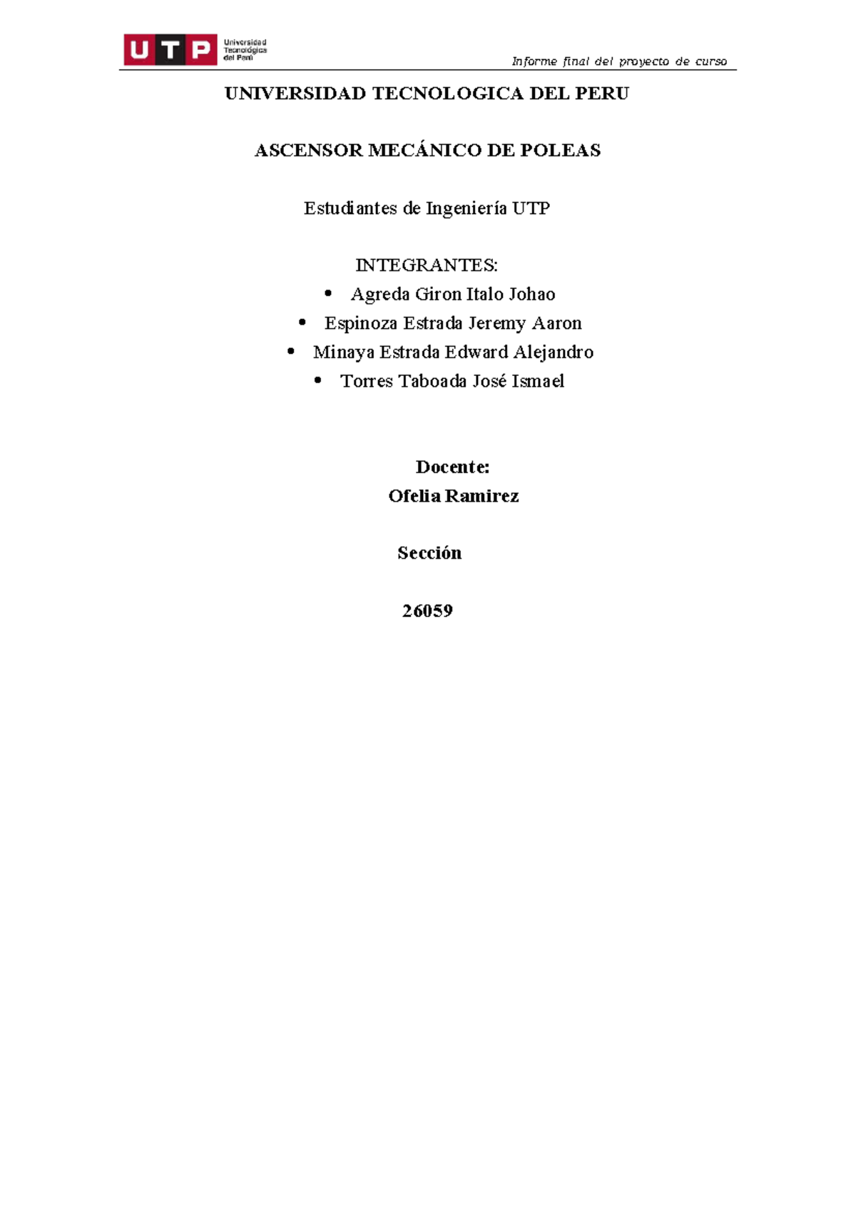 Informe Final del Proyecto de Curso CAF1: Ascensor Mecánico de Poleas - Document Preview