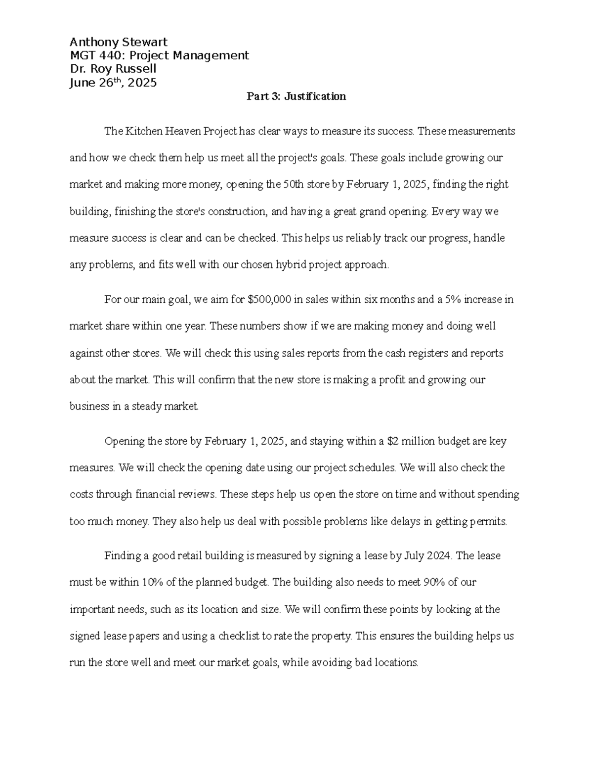 Justification for Kitchen Heaven Project MGT 440: Week 7 Analysis - Studocu