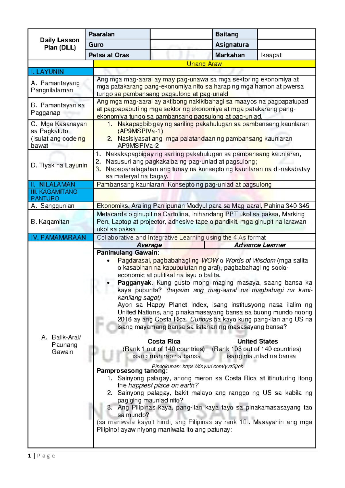 4th Grade Daily Lesson Plan (DLL) for Araling Panlipunan (AP 9) - Studocu