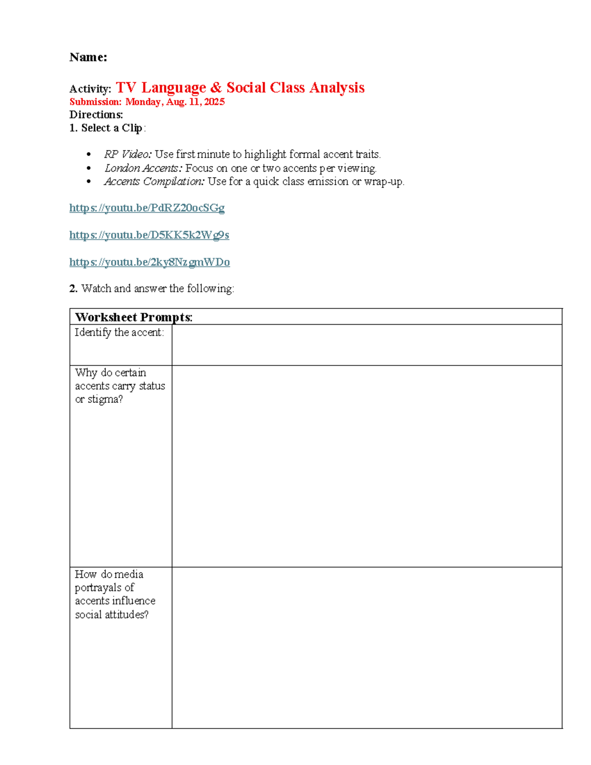 Activity Mod4Les2 - Name: Activity: TV Language & Social Class Analysis ...