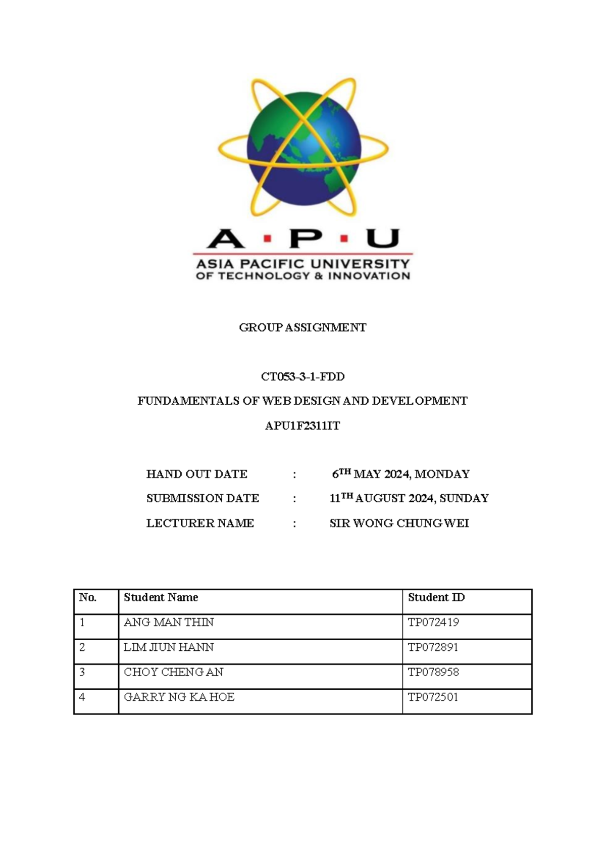 FDD Report: Group Assignment on Web Design & Development APU1F2311IT ...