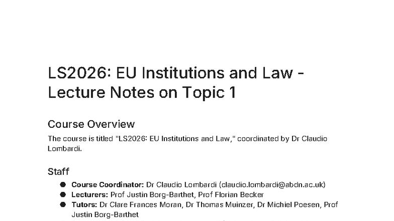 LS2026: EU Institutions and Law Topic 1 Lecture Notes Overview - Studocu