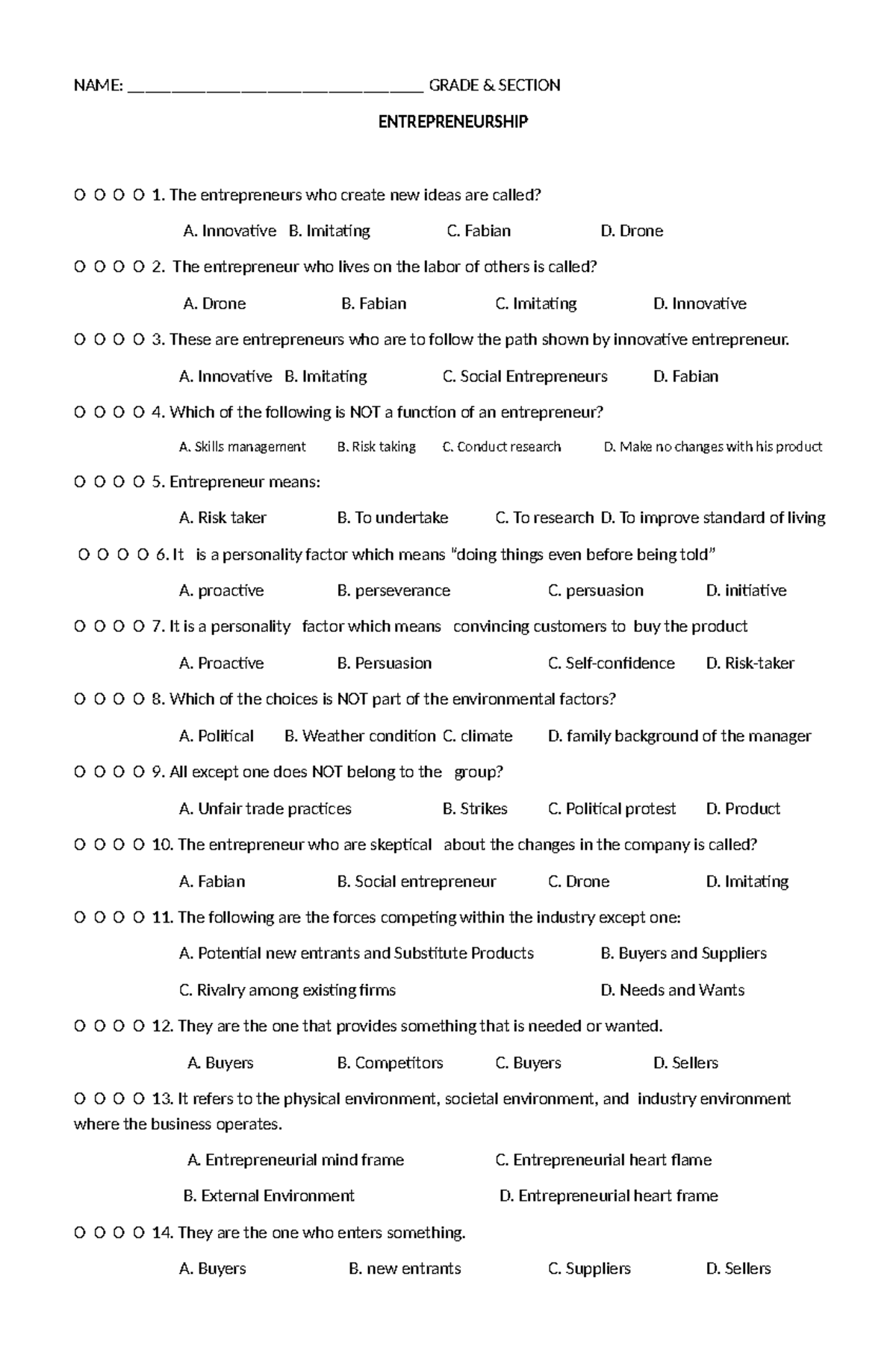 ENTREP 101: Long Quiz on Entrepreneurship Concepts - Q1 - Studocu