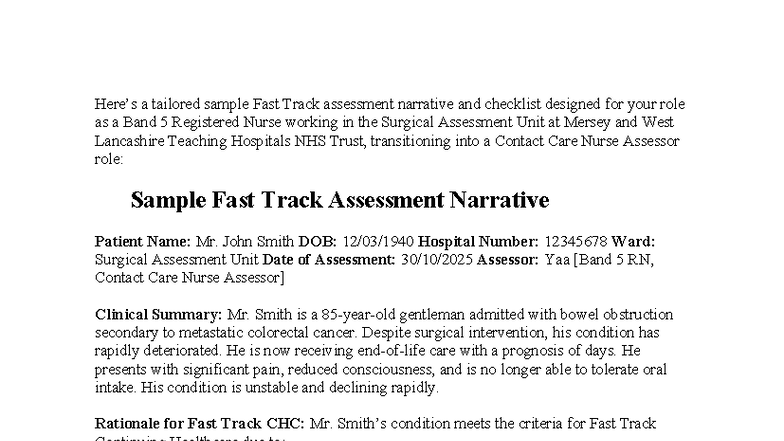 Fast Track Assessment Narrative & Checklist for Band 5 RN (SAU) - Studocu