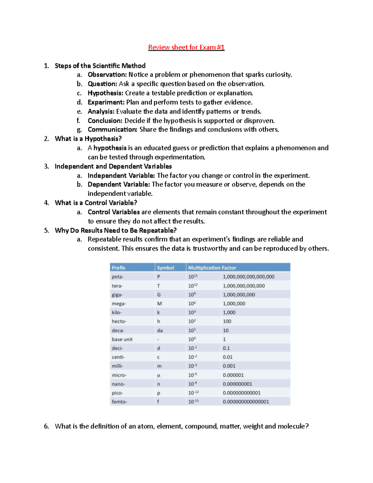 Final Review for Exam 1: Steps of the Scientific Method and Key ...