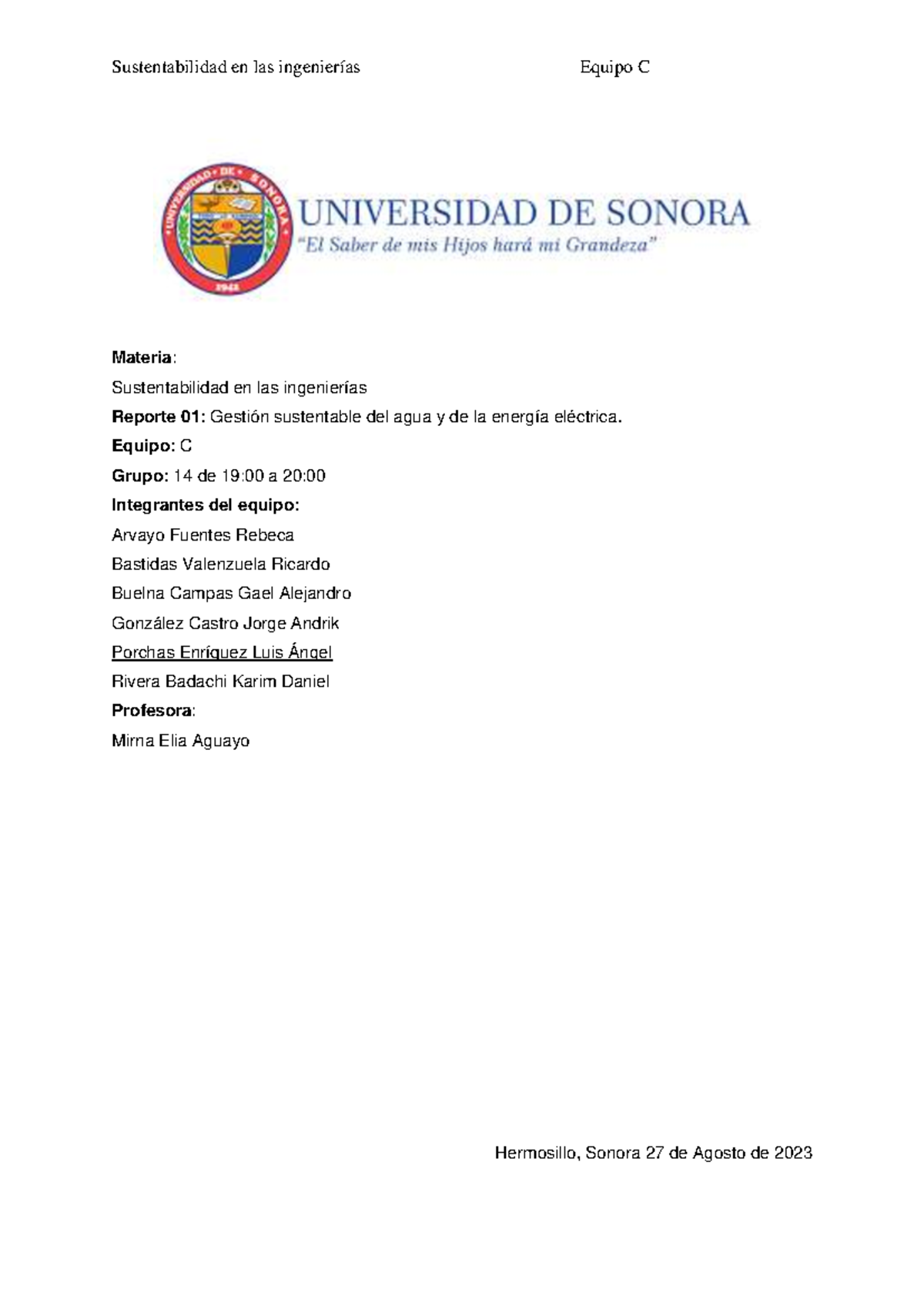 Reporte 01: Gestión Sustentable del Agua y Energía Eléctrica - Equipo C ...