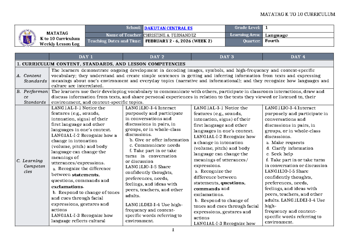 DTC DLL Matatag Language 1 Q4 W2 Weekly Lesson Log - Studocu