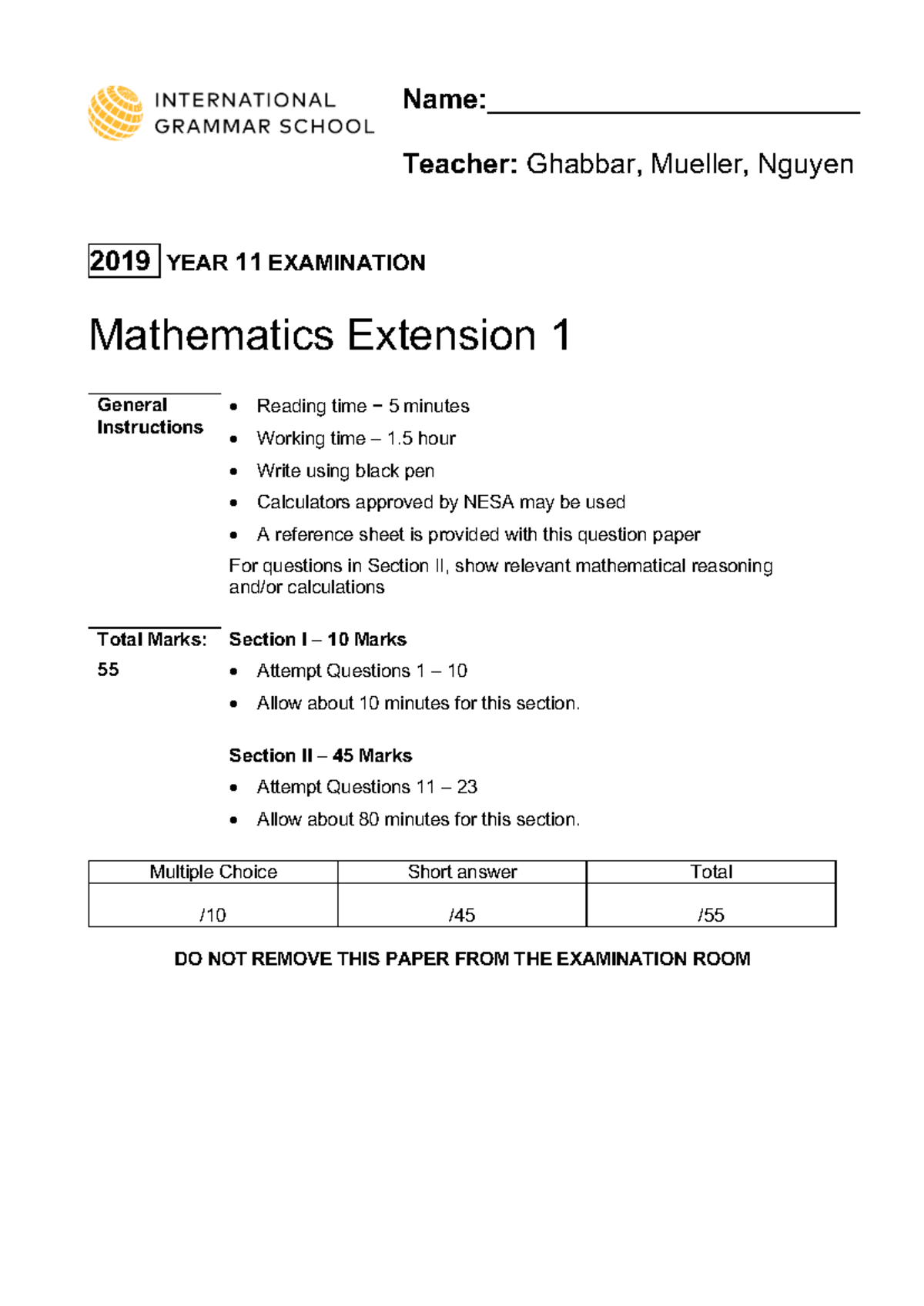 2019 YEAR 11 MATH EXTENSION 1 EXAMINATION & SOLUTIONS (3U) - Studocu