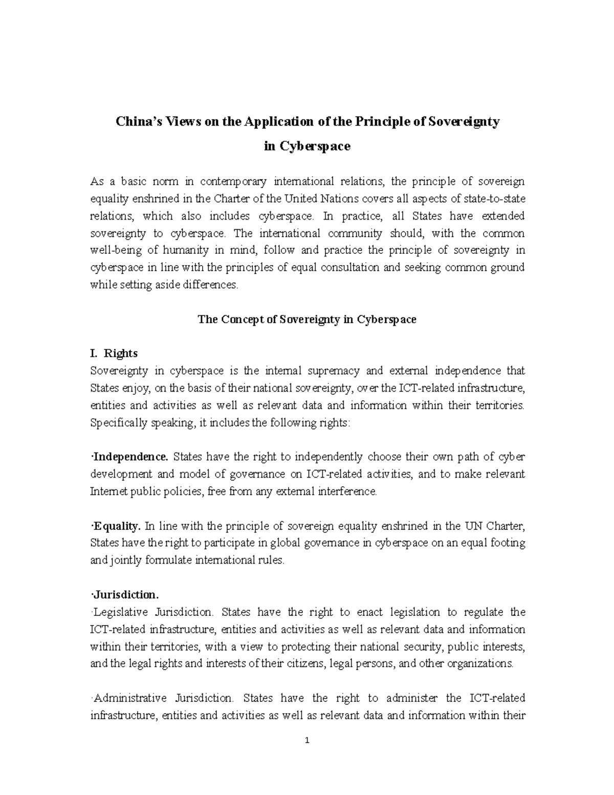 Chinese Position Paper on Sovereignty in Cyberspace - Studocu