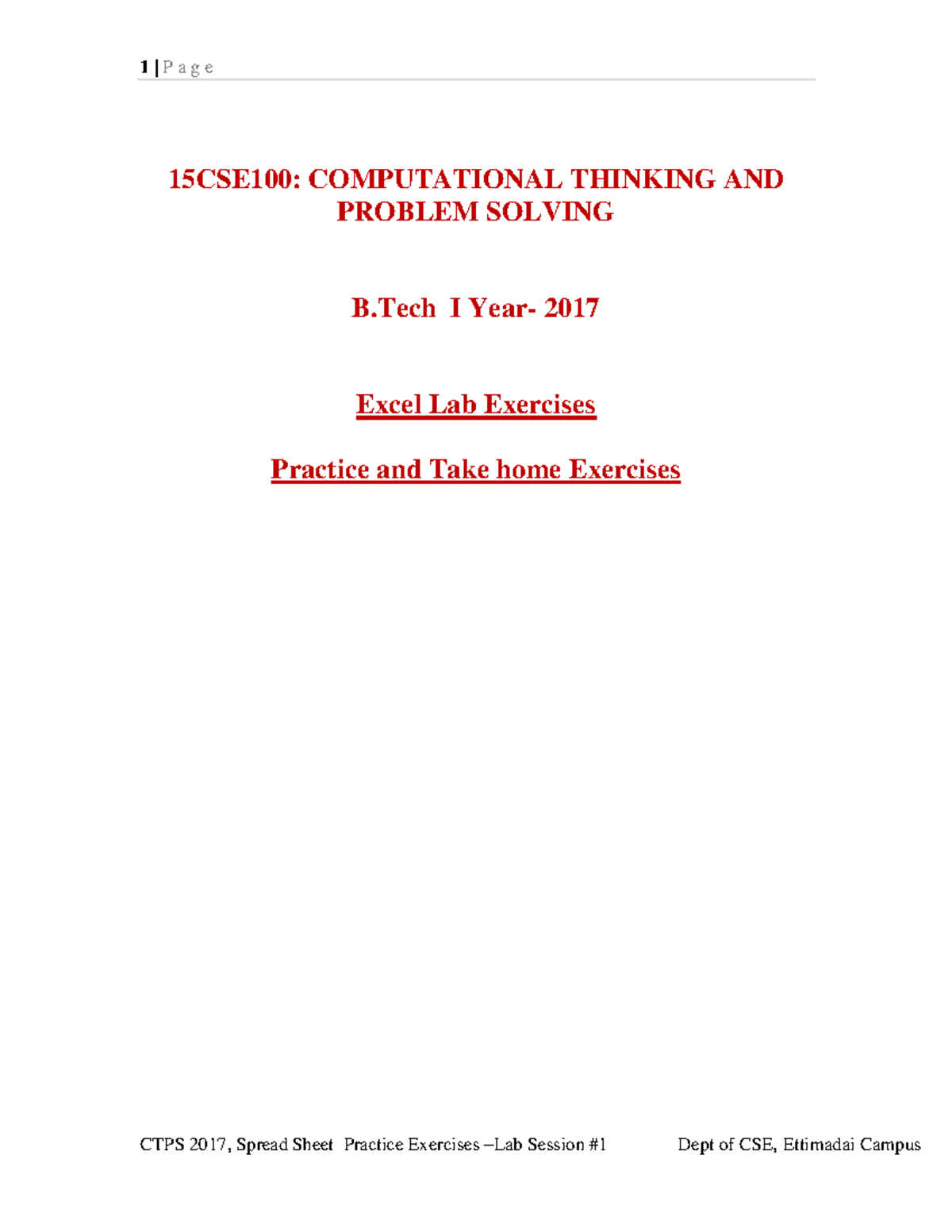 Spreadsheet practice exercises-2017 - 15CSE100: COMPUTATIONAL THINKING ...