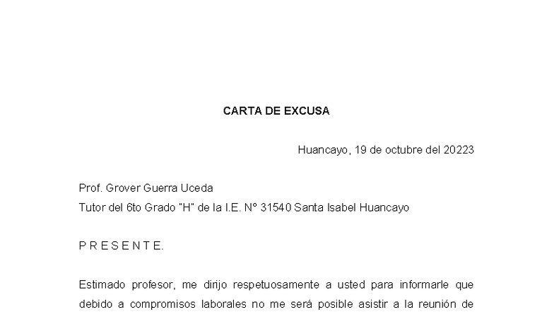 Carta de Excusa para Reunión de Padres - I.E. 31540 - Studocu
