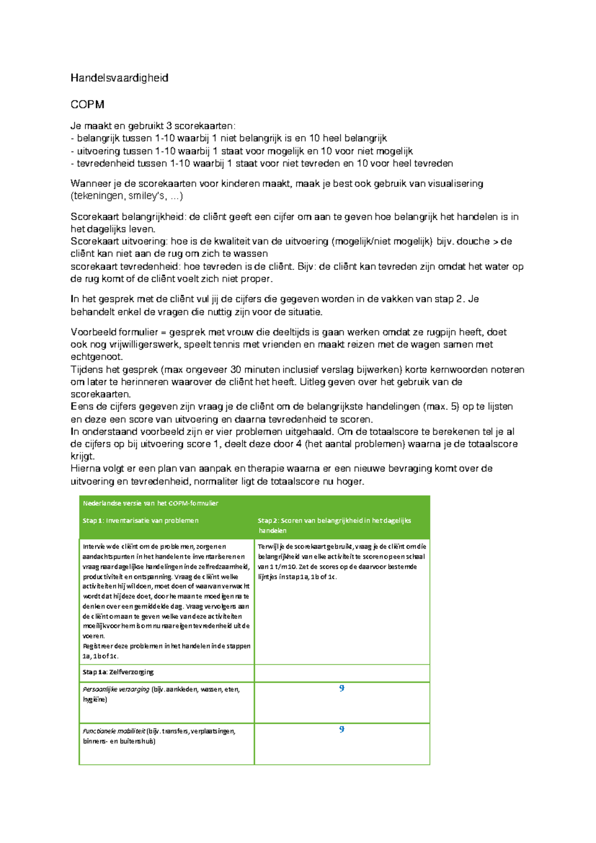 COPM oefening: Uitleg over Scorekaarten en Voorbeelden - Studocu
