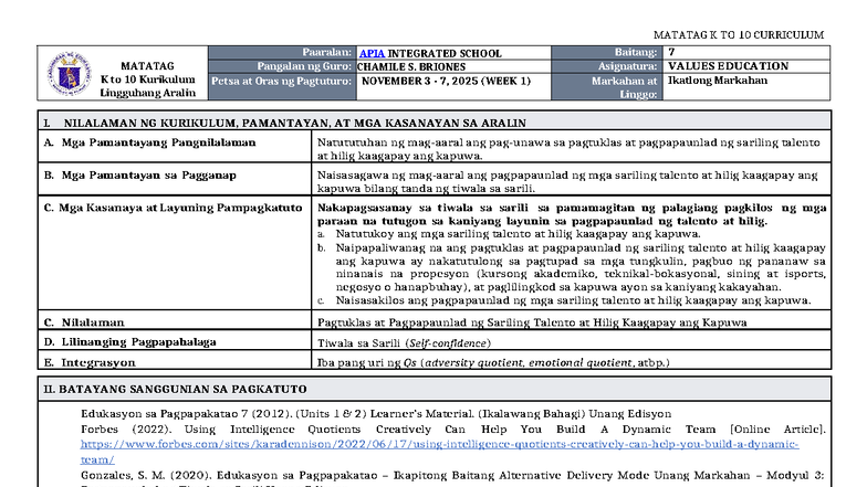 DLL Matatag Values Education 7 Q3 W1 - MATATAG K to 10 Kurikulum ...